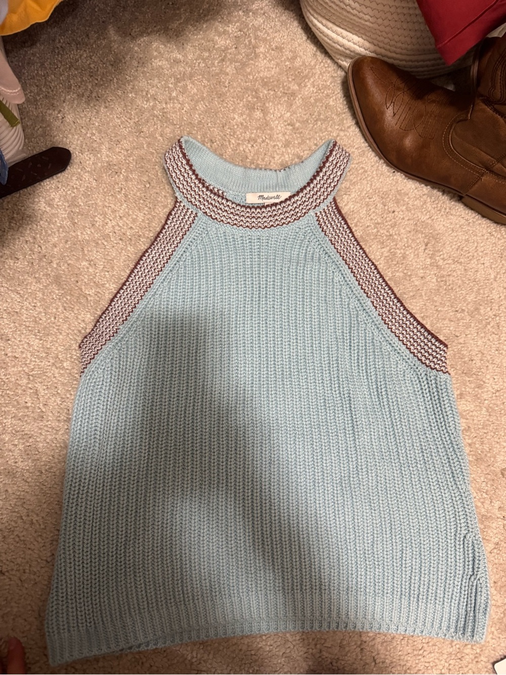 Madewell Pale Blue Ribbed Halter Tank with Contrast Trim